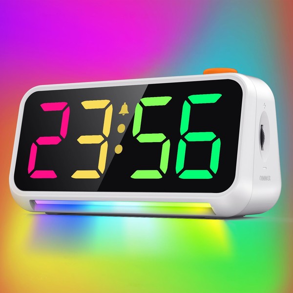 XREXS Alarm Clock Loud for Deep Sleepers, Digital Alarm Clock with 7 Colours for Children, Adults, Dynamic RGB Colour Changing Clock, 1 Hour Continuous Alarm, LED Display, Mood Light, 0-100%