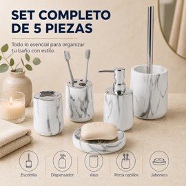 Set de Accesorios para Baño 5 Piezas Diseño Acabado Brillante Tipo Mármol  Incluye Escobilla, Dispensador, Vaso, Porta Cepillos y Jabonera