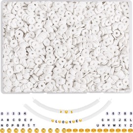 JMUQ 4500pcs Clay Beads Bracelet Making Kit, White Friendship Bracelet Kit Flat Polymer Clay Heishi Beads for Bracelets Jewelry Making Kit with Letter Number Gold Spacer Beads for Women