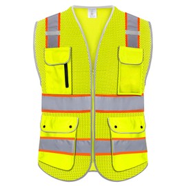 Rhino Hit High Visibility Safety Vest - Reflective Breathable Mesh with 9 Pockets, Front Zipper for Men & Women - Meets ANSI/ISEA Standards
