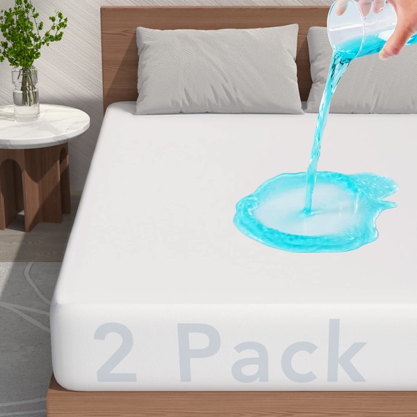 2 Pack Twin Size Waterproof Mattress Protector, Breathable, Noiseless Mattress Cover, 8"-21" Fitted Deep Pocket Mattress Protector Pad Cover - Cooling Smooth Soft,38"x 75"(White)