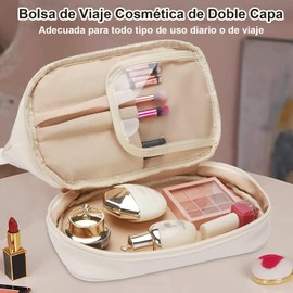 Bolsa de maquillaje grande, Bolsa de cosméticos de viaje doble capa para mujer, Bolsa de Tocador Neceser portátil, Bolsa de aseo estuches neceser de piel, Organizador bolsa de cepillo (Blanco)