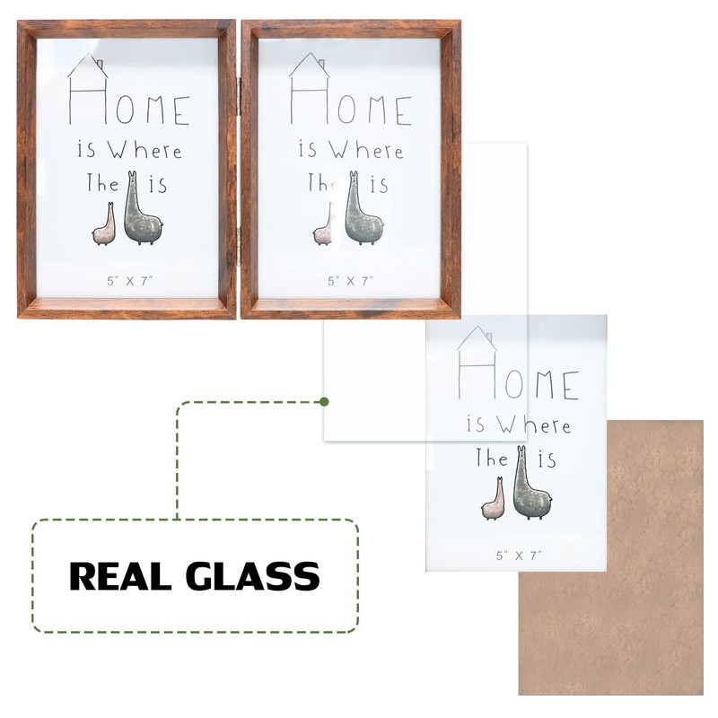 TOFOREVO 5x7 Double Picture Frame Rustic Brown Wooden Hinged Beveled