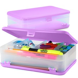 Enday Large Capacity Double Deck Pencil Box - Purple Plastic With 12 Compartments, Snap-Tight Lid, Hard Case Storage Organizer