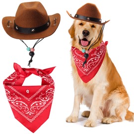 Yewong Pet Cowboy Costume Accessories - Dog Cat Pet Size Cowboy Hat and Bandana Scarf West Accessories for Puppy Kitten Party Festival and Daily Wearing Set of 2 (Coffee)