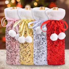 voiyio 4 Pcs Christmas Wine Bottle Cover Reusable Glitter Sequin Dress Bag with Drawstring for Holiday Christmas Xmas Decorations Wedding Birthday Party Bar
