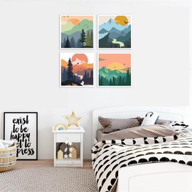 4 Pack Paint by Number for Adults, Easy Sunset Landscape DIY Arts and Crafts for Adults Beginner with Paints Brushes, Tree River Mountain Acrylic Paint Set for Home Decor 8×8 Inch