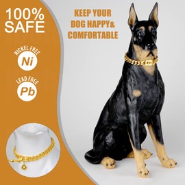 LuxLife Dog Chain Collars Cuban Link Dog Collar 12mm with Secure Snap, Bell & Dog Tag Stainless Steel Metal 18K Gold Chain Dog Collar for Puppy Small Medium Large Dogs (22")