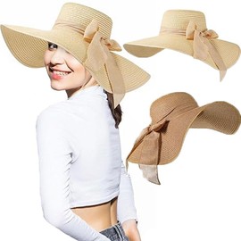 NDOOL 2 Unidades Sombrero del Sol para Mujer, Sombrero de Paja con ala Ancha, Plegables con Cuerda Cortaviento, Sombrero de Visera Erfecto para Viajar en Verano, 2 pcs