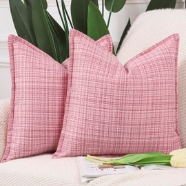 MADIZZ Woven Flange Outdoor Throw Pillow Covers Polyester Linen Decorative Pillow Covers for Patio Sofa Bedroom Modern Pillow Shell 16x16 Inch Pink