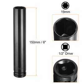 sourcing map Deep 6-Point Impact Socket 1/2" Drive 19mm Metric Socket 6" Length with 1/4" Hex Shank Adapter, CR-V Steel Socket Adapter Accessory Tool Set Kit for Hex Bolts Nuts
