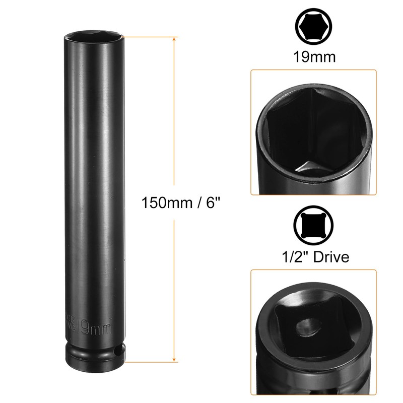 sourcing map Deep 6-Point Impact Socket 1/2" Drive 19mm Metric