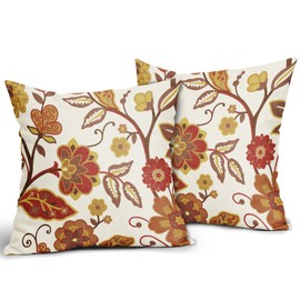 Fall Floral Pillow Covers 20x20 Set of 2 Red Yellow Burnt Orange Flower Print Throw Pillows Autumn Outdoor Decorative Pillow Case Square Linen Cushion Covers Farmhouse Decor for Home Couch Sofa Bed