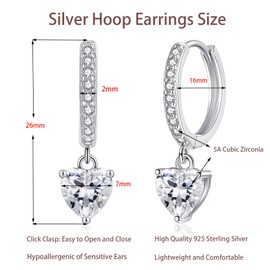 Cangall Silver Hoop Earrings for Women, 925 Sterling Silver Heart-Shape Drop Hoop Earrings, Dainty CZ Heart Dangle Hoop Earrings for Teen Girls, Hypoallergenic Cute Cartilage Sleeper Silver Earrings