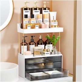 3 Drawers 2 Tier Makeup Organizer - Bathroom Counter Organizer, Versatile Perfume Organizer, Exquisite Vanity Organizer, Large Skincare Organizers, Grey black