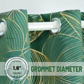 Moslovstar Green Blackout Curtains Gold Leaves Pattern Foil Print Thermal Insulated Window Drapes Grommet Top, 2 Panels 52" W x 96" L
