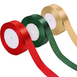 3 Rolls 90 Yard Christmas Satin Ribbon, 1 Inch Wide Double Faced Polyester Red Green Gold Ribbon for Gift Wrapping, Crafts, Wedding, Bow Making, Christmas Tree Decoration(Red, Green, Gold)