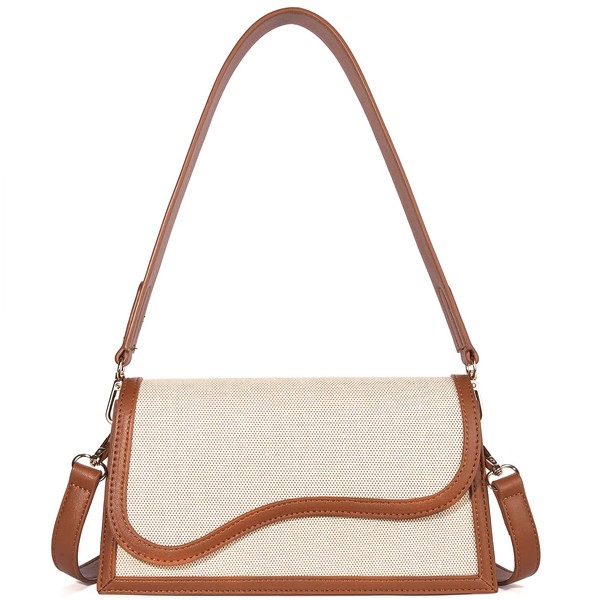 Telena Shoulder Bag for Women, Vegan Leather Women's Shoulder Purses Handbags with 2 Removable Strap Crossbody Bag Purses Beige with Brown