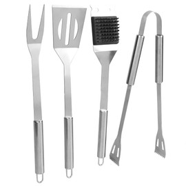 Home Basics 4 Piece Stainless Steel BBQ Tool Set | Fork, Spatula, Tong & Brush for Grilling | Durable | Hanging Hook