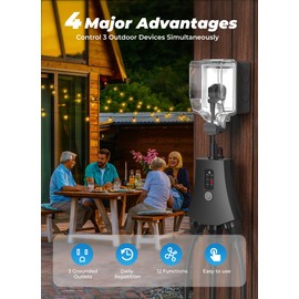 Brightown Outdoor Lights Timer, Outdoor Timer Outlet Waterproof with Remote (100Ft Range),Dusk to Dawn Sensor, 3 Grounded Electrical Outlets for Christmas Holiday Lighting, UL Listed, 15A