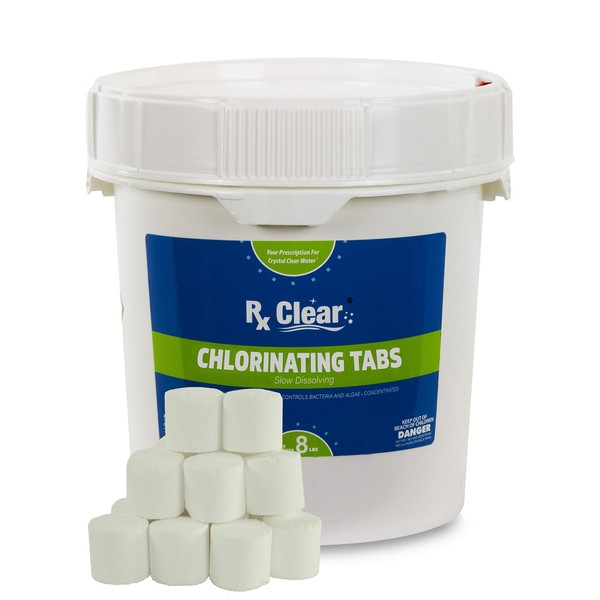 Rx Clear 1-Inch Stabilized Chlorine Tablets | Use As Bactericide, Algaecide, and Disinfectant in Swimming Pools and Spas | Slow Dissolving and UV Protected | 8 Lbs