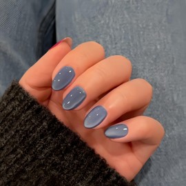 KQueenest Cat Eye Press on Nails Short Oval, 30 Pcs Dark Navy Blue Fake Nails Short Round, Glitter Glass Glue on Nails Almond, Reusable Shiny Chrome False Nails for Women Summer Decoration