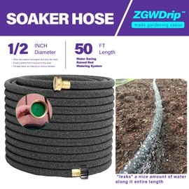 ZGWDrip Soaker Hose 50 FT,1/2 Inch Soaker Garden Hose with 3/4" Solid Brass Connectors Save 80% Water Drip Irrigation Kit for Lawn/Yard Landscaping beds