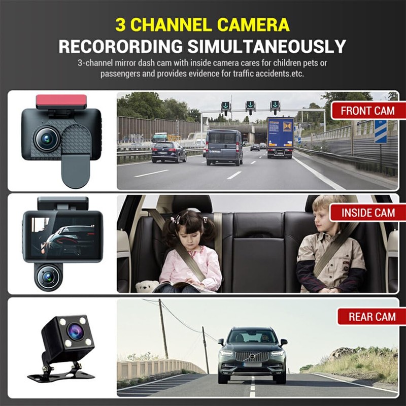 AIXXCUVQ Car 3Lens DVR 3-Channel Dash Cam Front and Rear