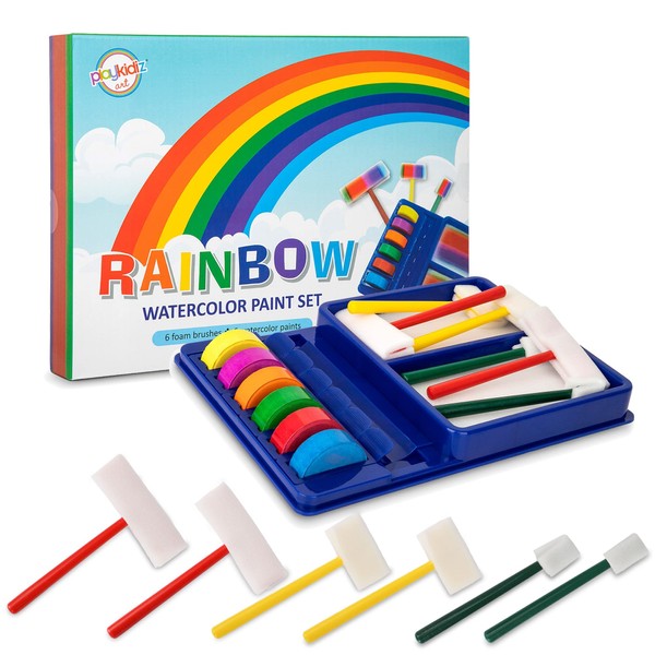 Playkidiz Rainbow Watercolor Washable Classic Colors Painting Set, 12 Piece Complete Paint Set For Kids, Includes 6 Foam Paintbrushes and 6 Watercolor Paints.