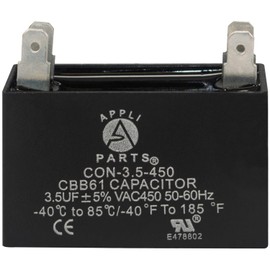 Appli Parts Fan Capacitor 3.5 mfd (microfarads) uf 450 VAC with 4 Terminal Connections compatible with any brand within the same range capacitance 1-7/8in Width 3/4in Depth 1-1/2in Height CAP-3.5-450