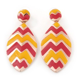 Coral, Yellow Enamel 'Leaf' Drop Earrings In Gold Plating - 60mm Length