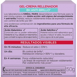 L'Oréal Paris Gel Crema facial Revitalift Ácido Hialurónico Anti-Brillo controla producción de sebo con ácido hialurónico + ácido salicílico y disminuye poros abiertos, ideal para piel grasa, 50ml