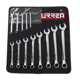 URREA 6-Point Combination Wrench Set - 13-Piece (7mm - 19mm) Mechanics Tool Kit with Roll-up Storage Pouch & Nickel-Chrome Finish - 1200DHM