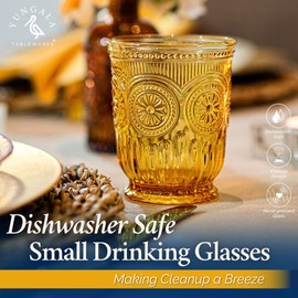 Yungala Amber drinking glasses set of 6 amber glassware cups, 8 oz small water glasses hobnail dishwasher safe cute colored drinkware for fall tablescape
