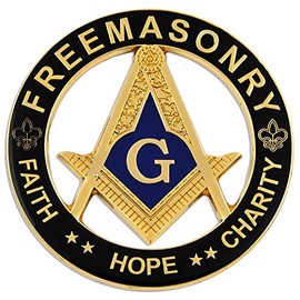 Faith Hope Charity Square & Compass Round Masonic Auto Emblem - [Black & Gold][3'' Diameter]