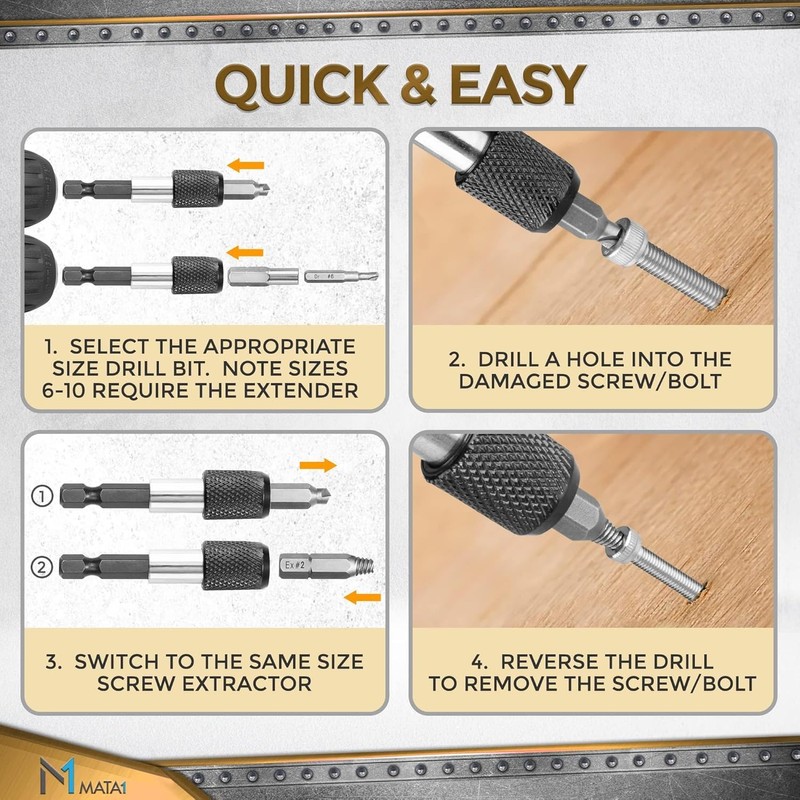 Mata1 - Screw Extractor Set for Stripped, Broken, Damaged Screws