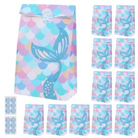 Rapidbok Rapidbok 12 Stück Meerjungfrau Geschenktüten Papier mit 12 Aufkleber, Papiertüten Klein, Kindergeburtstag Geschenktüten, Partytüten Set, Candy Tüten zum Verpacken von Geschenken, Giveaways, Party (C)
