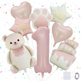 Panouo 8-Pack Matte Bear Party Balloons, Pink Foil Balloons, 1-Year-Old Girl Birthday Party Decorations, Bear Theme Party Decorations, Birthday Party Decorations (1)