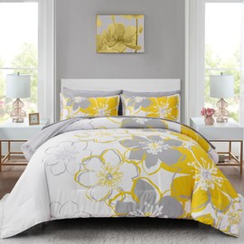 Yellow Floral Comforter Set Full Size 7 Pieces Reversible Bed in a Bag with Sheets Set for All Season, Soft Microfiber Complete Bedding Set All Season (78''x90'')