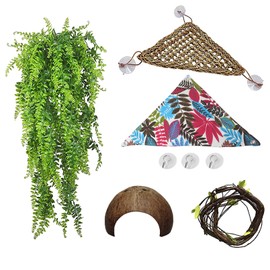 PINVNBY Bearded Dragon Habitat Decor Reptile Hammock Lizard Terrarium Lounger Ladder Accessories Coconut Shell Hut Hideout Cave Natural Seagrass Jungle Climber Tank Decoration for Gecko,Snake(5 Pcs)