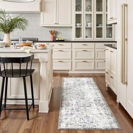 jinchan Runner Rug 2x5 Washable Hallway Rug Vintage Indoor Thin Retro Floor Cover Distressed Floral Country Lightweight Non Slip Carpet for Entryway Bathroom Kitchen Bedroom Living Room Blue