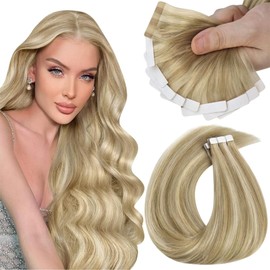 Sunny Hair Extensiones De Cabello Humano Real Con Cinta Adhesiva, Extensiones Invisibles De Cabello Remy, Extensiones Con Cinta Adhesiva Para Mujeres, Rubio Miel Oscuro, Reflejos, Rubio Medio, 14", 25