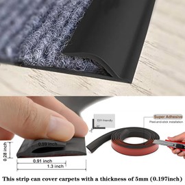 Carpet Transition Strip Self Adhesive Carpet to Tile Floor Edge Trim Vinyl Threshold Strips, Cuttable Rug Edge Protector for Doorway 6Ft Black