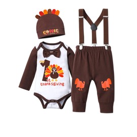 My First Thanksgiving Baby Boy Outfit Baby Boy Thanksgiving Outfit Newborn Turkey Print Suspender Pants With Hat 9-12 Months Holiday Baby Outfits
