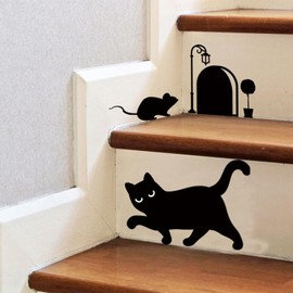 Generic 2 Sheets Black Cat Mouse & Hole Stair Stickers Remove Mouse Hole Wall Decals for Bedroom Living Room Background Home Decor Waterproof Wall Stickers Decorations