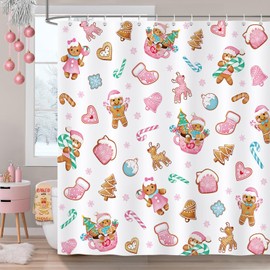 Bonhause Christmas Gingerbread Shower Curtain, Pink Candy Cane Mitten House Winter Holiday Bathroom Decor 72 x 72 Inch Polyester Fabric Waterproof Bath Curtain with 12 Hooks