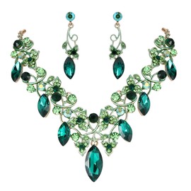BriLove Costume Fashion Jewelry Set for Women Crystal Floral Vine Leaf Statement Neckalce Dangle Earrings Emerald Color Gold-Toned
