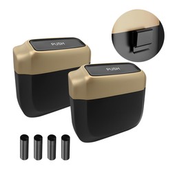 AUCELI 2PCS Car Trash Can with Lid, Mini Automotive Built-in Storage Organizer Garbage Bag, Leakproof Vehicle Trash Bin with 4 Trash Bag, Universal for Home Office Kitchen Bedroom（Golden/2PCS）