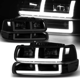 HYPERSPEED G2 DRL LED Bar Headlight + Bumper Lamps 4PCS Fit for 1999 2000 2001 2002 2003 2004 2005 2006 Chevy Silverado Suburban Tahoe, Replacement Assembly (Black Housing Smoke Lens Clear Reflector)