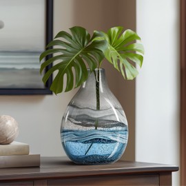 Torre & Tagus Andrea Mouth Blown Glass Vase for Home Decor - 11" Tall Large Blue Glass Vase Table Centerpiece, Handmade Blue Vases for Decor in Coastal Living Room, Entryway, Bedroom